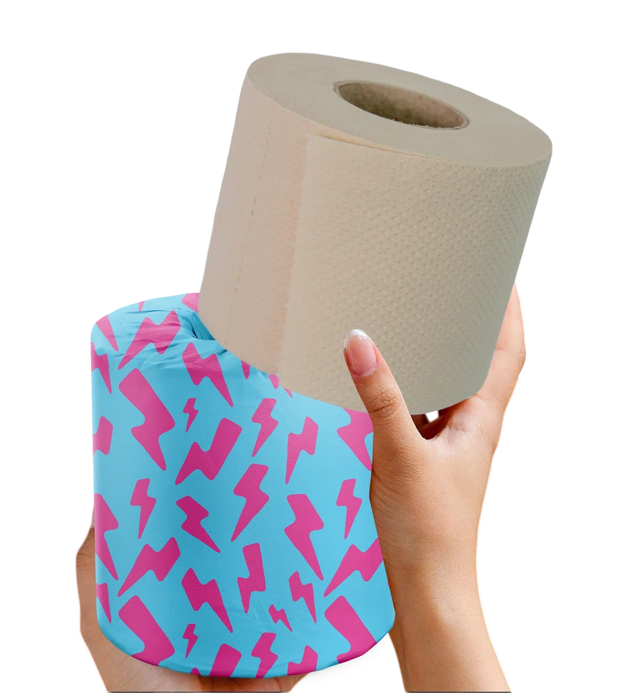 Hands holding a real unbleached Skid Slayer roll and its cyan and pink paper wrapper